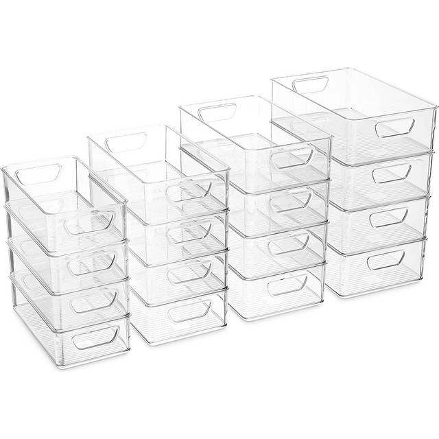 Munfix Set Of 16 Refrigerator Organizer Bins - Plastic Pantry Organization and Storage Baskets - Stackable Food Fridge Organizers with Cutout Handles