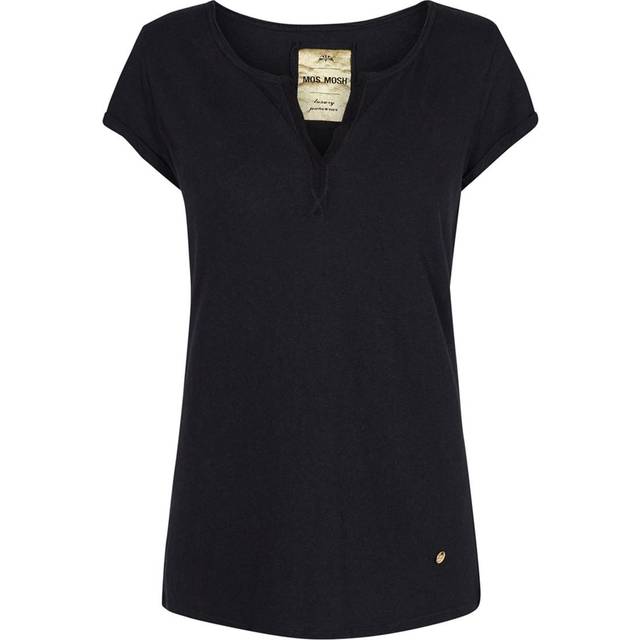 MOS MOSH, T-Shirts, female, Black, L, Black Linen Blend V-Neck T-Shirt with Rolled Sleeves