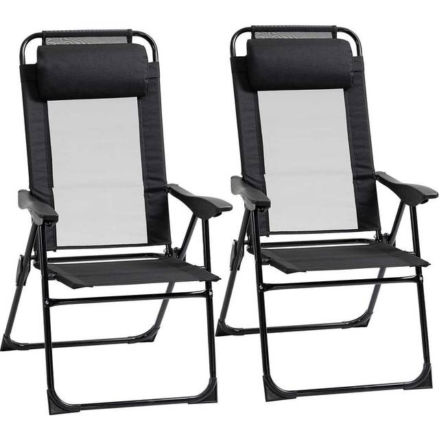 Outsunny Set of 2 Metal Portable Folding Recliner w/ Adjustable Backrest - Black | TJ Hughes