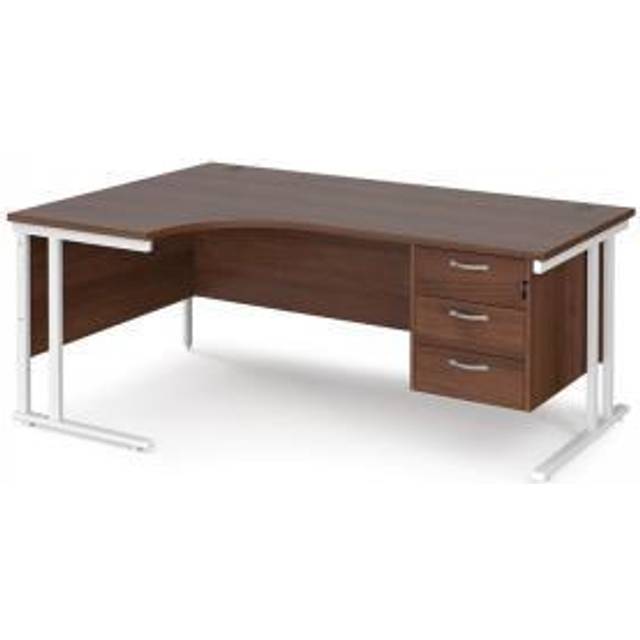 Maestro 25 left hand ergonomic Office Desk 1800mm wide with 3 drawer pedestal - white cantilever leg frame, walnut top - White