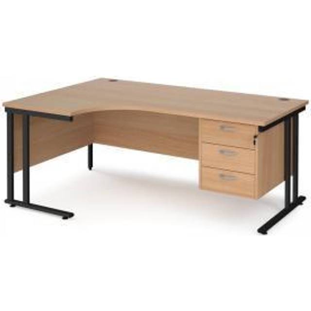 Maestro 25 left hand ergonomic Office Desk 1800mm wide with 3 drawer pedestal - black cantilever leg frame, beech top - Black