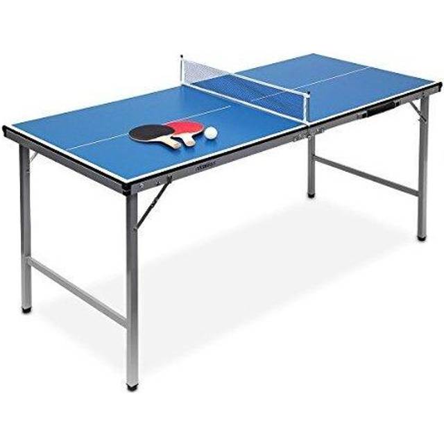 Relaxdays Midi Table Tennis Ping Pong Table, 150 x 67 x 71 cm, Folding Table for Indoor & Outdoor Use, Ball and Paddles Included, Blue
