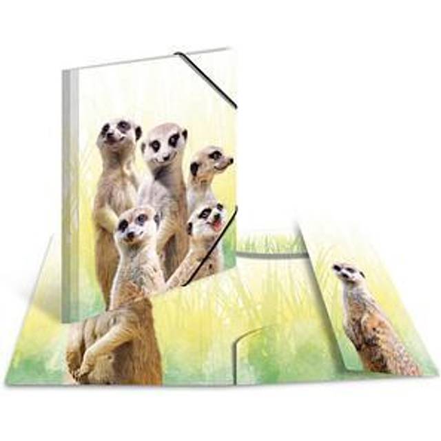 19961 Portfolio Folders A4 Exotic Animals Meerkat Troop, Pack of 3, Children's Plastic Corner Folder with Inner Print and Elastic Band, Sturdy Plastic