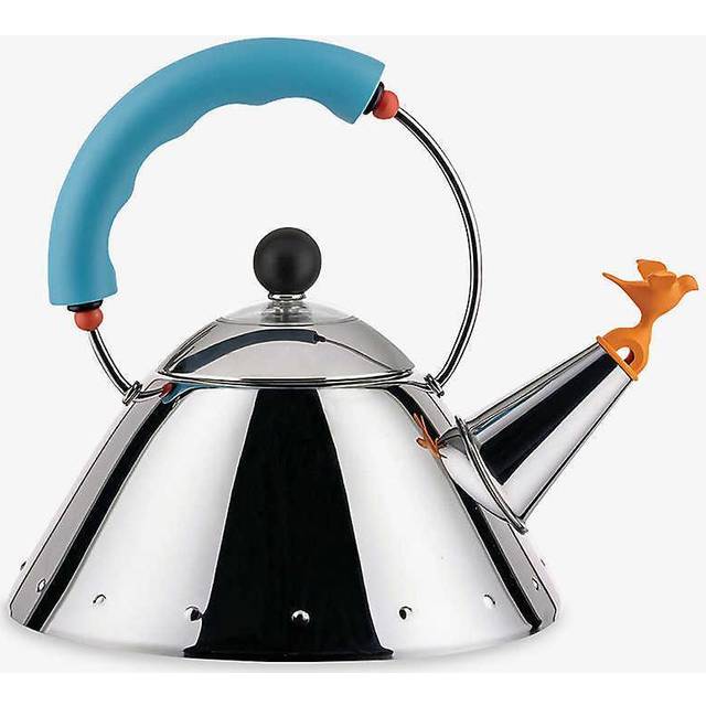 Alessi Kettle 9093/1 LAZ - design vattenkokare, kompatibel med induktionshäll, 18/10 blank botten i rostfritt stål med handtag och visselpipa i PA, ljusblå, 100 cl
