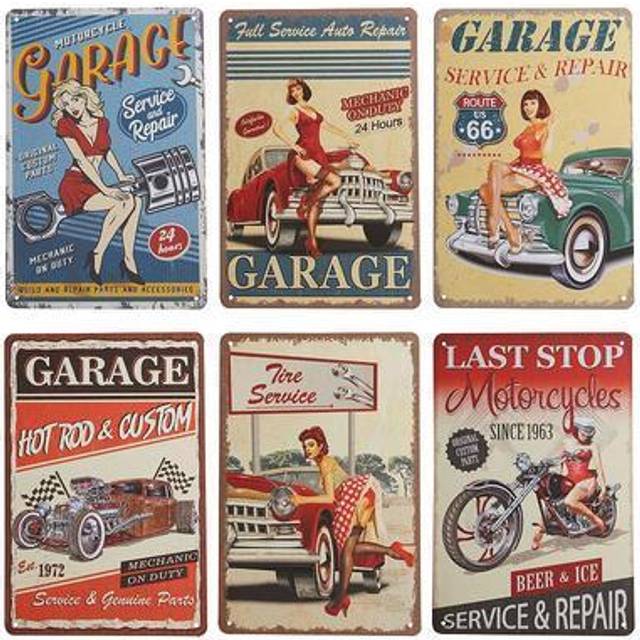 Okuna Outpost 6 Pack Vintage Metal Signs for Retro Garage Wall Decor  6 Designs (8 x 11.8 In)
