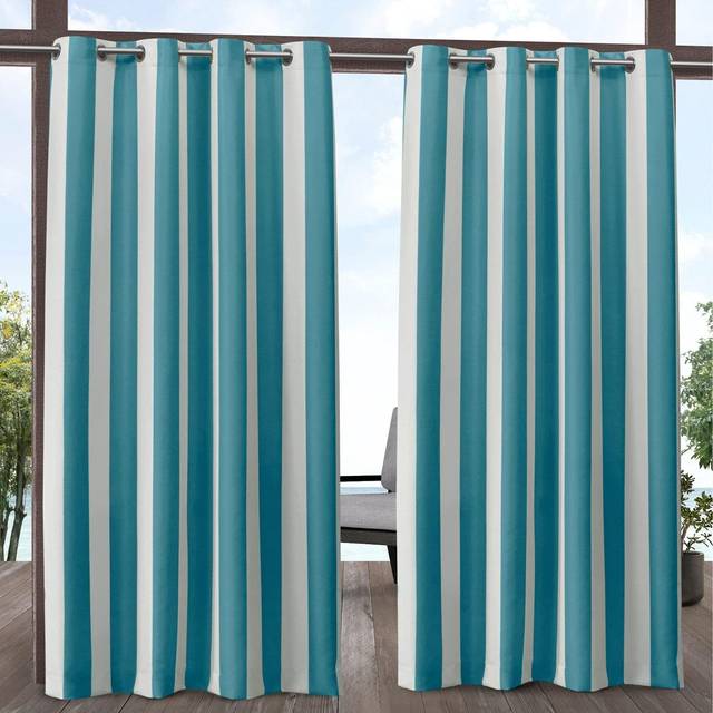 "Exclusive Home Canopy Stripe Indoor/Outdoor Grommet Top Curtain Panel  54""""x84""""  Teal / White  Set of 2"