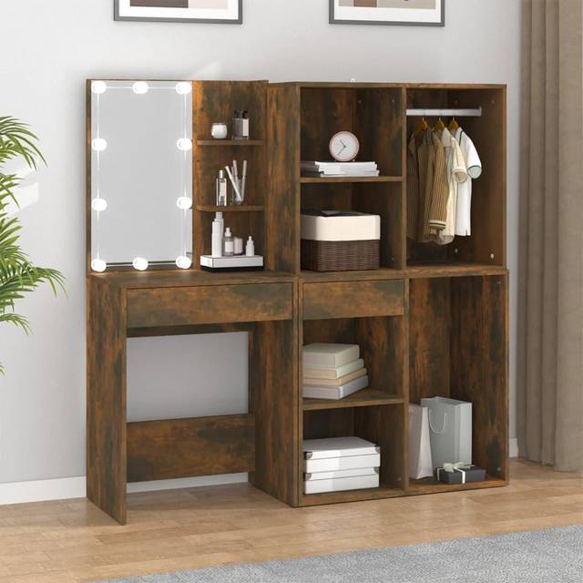vidaXL LED Dressing Table with Cabinets Smoked Oak Engineered Wood - Brown