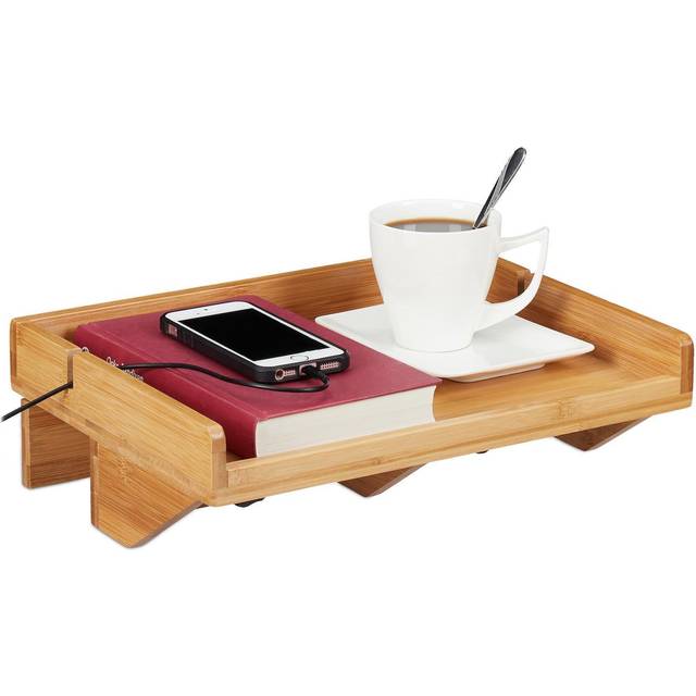Bedside Shelf, Mini Clip-on Nightstand, Bamboo, Space-saving, Wire slot, Caddy w x d 32.5 x 27cm, Natural - Relaxdays