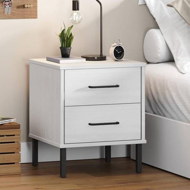 (white) vidaXL Solid Wood Pine Bedside Cabinet with Metal Legs OSLO Multi Colours