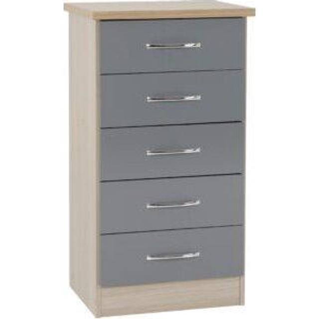 Seconique Nevada 5 Drawer Narrow Chest - Grey Gloss/Light Oak Effect Veneer, Grey