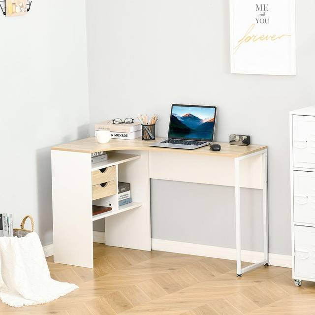 HOMCOM L-Shaped Corner Computer Desk Study Table w/ Storage Shelf - Light Brown | TJ Hughes
