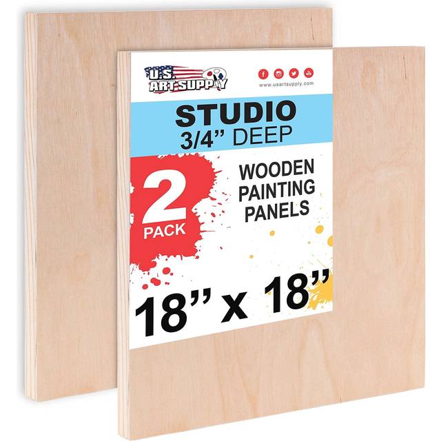 "U.S. Art Supply Unfinished Cradled Wood Panels for Painting  2 Pack of 18x18 inch - Studio Birch Wooden Canvas Boards 3/4"""""""" Deep - Mixed-Media Craft"