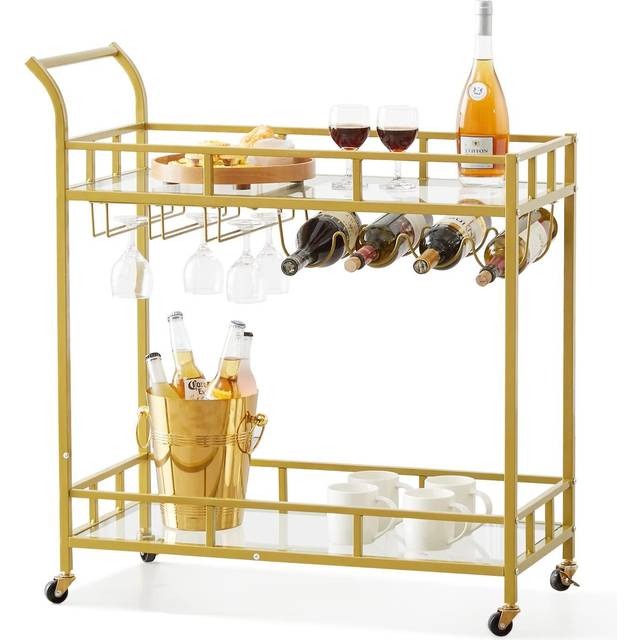 VEVOR Servierwagen Barwagen Rollwagen 2 Ebenen, Weinwagen 55 kg Belastbar, Mobiler Getränkewagen, Verspiegelte Glasablagen 85,5 x 38 x 93 cm, für kleine Räume, Küche, Esszimmer, Bar, Goldfarben
