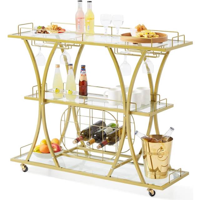 VEVOR Servierwagen Barwagen Rollwagen 3 Ebenen, Weinwagen 82 kg Belastbar, Mobiler Getränkewagen, Verspiegelte Glasablagen 111 x 35 x 92,5 cm, für kleine Räume, Küche, Esszimmer, Bar, Goldfarben