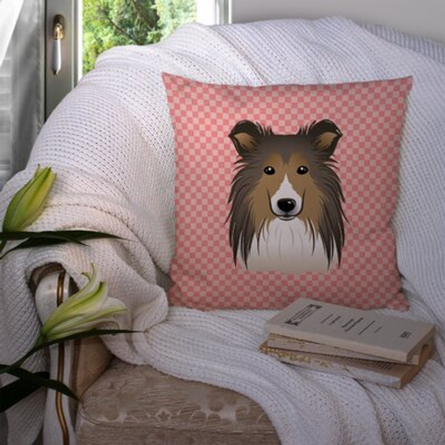 Caroline's Treasures BB1242PW1414 Checkerboard Pink Sheltie Canvas Fabric Decorative Pillow  Large  Multicolor