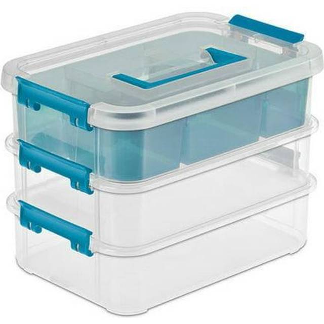 Sterilite 18 Pack Plastic Storage Box Container  3 Layer  Stack and Carry  Clear/Blue