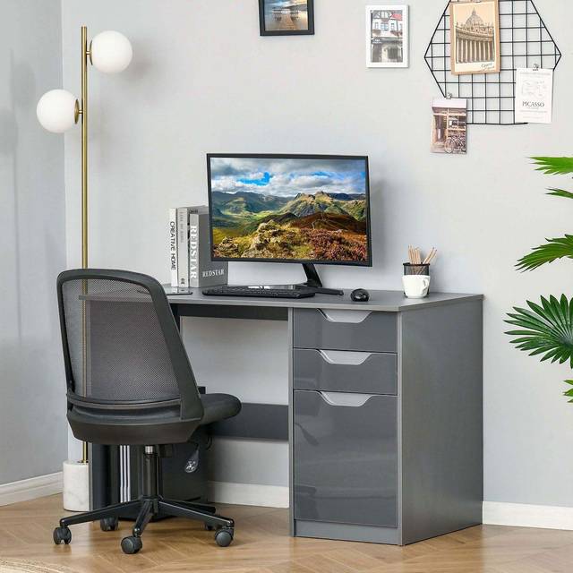 Computer Desk with Drawers Modern Writing Workstation with Storage Cabinet PC Study Table for Home Office Study - Grey - TJ Hughes