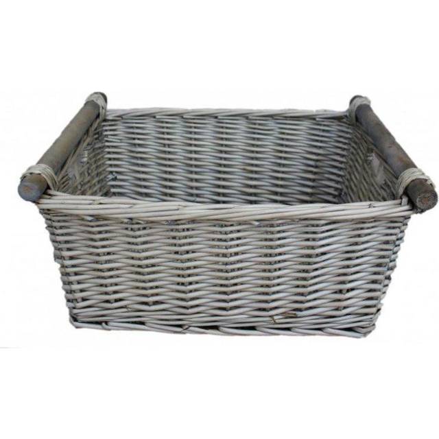 Grey Wash Wooden Handled Wicker Storage Basket - Large