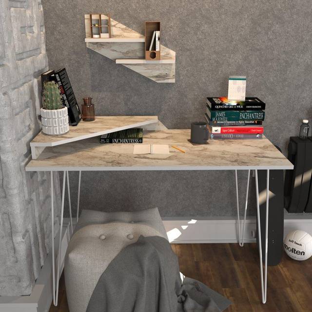Decorotika Desalvo Modern Computer Desk With Shelves - White Marble Effect And White, White