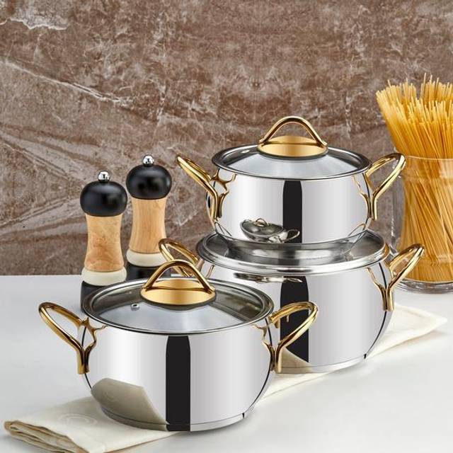 Evimsaray Sevval Series 6-piece Cookware Set (Gold Handles) - Silver