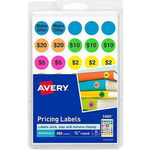 Avery Preprinted Removable Pricing Labels  3/4 Inch Round Labels  Assorted Neon Colors  Non-Printable  350 Pricing Stickers Total (5480)