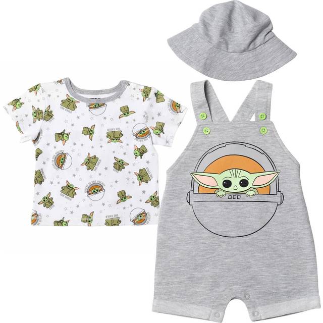 STAR WARS The Child Newborn Baby Boys Short Overalls T-Shirt and Hat 3 Piece Outfit Set Grogu Gray 6-9 Months