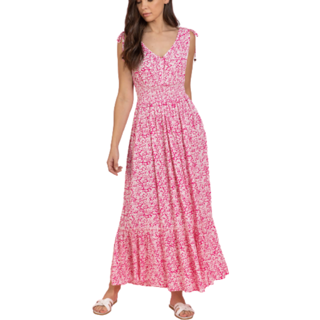 Roman Womens Ditsy Floral Shirred Waist Maxi Dress - Fuchsia - Size 12 UK
