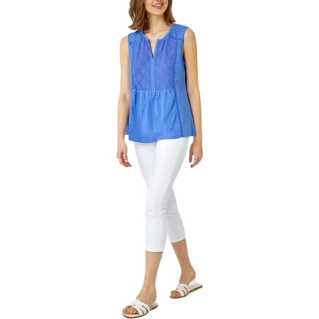 Roman Blue Embroidered Peplum Cotton Vest - Size 12
