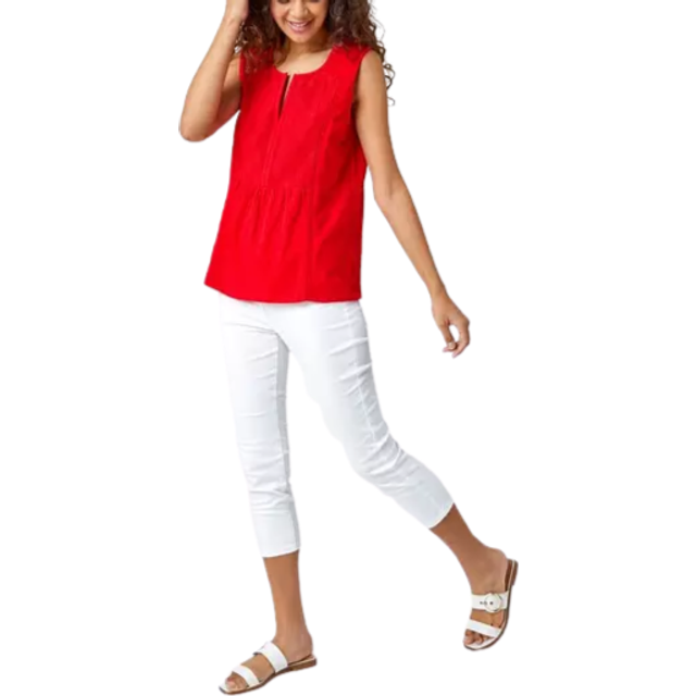 Roman Red Embroidered V-Neck Peplum Cotton Vest - Size 20