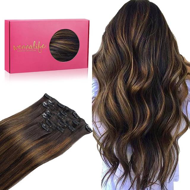 WENNALIFE 14 Inch Clip-In Balayage Hair Extensions - 120g Real Human Hair  Dark Brown to Chestnut Brown Color