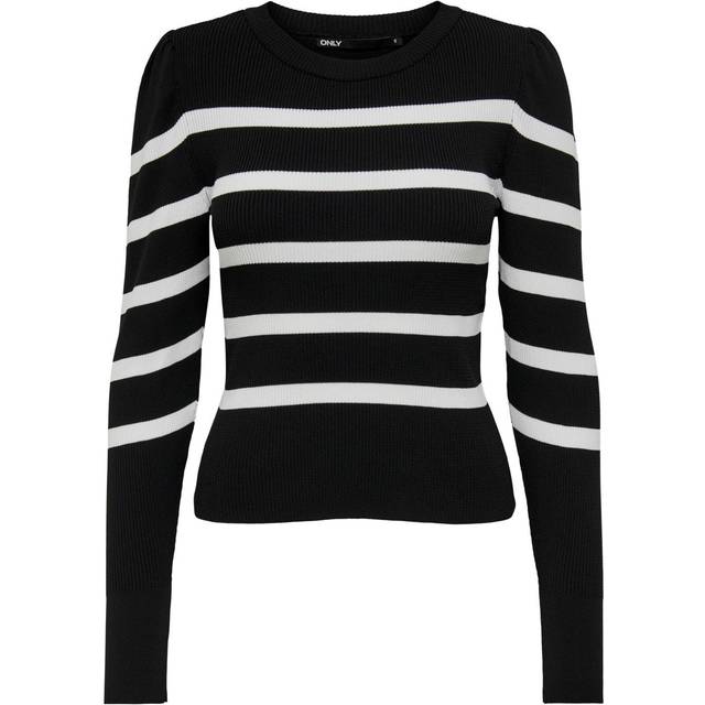 ONLY Kvinnors Onlly L/S puff KNT NOOS tröja, svart/ränder: W. Cloud Dancer, M