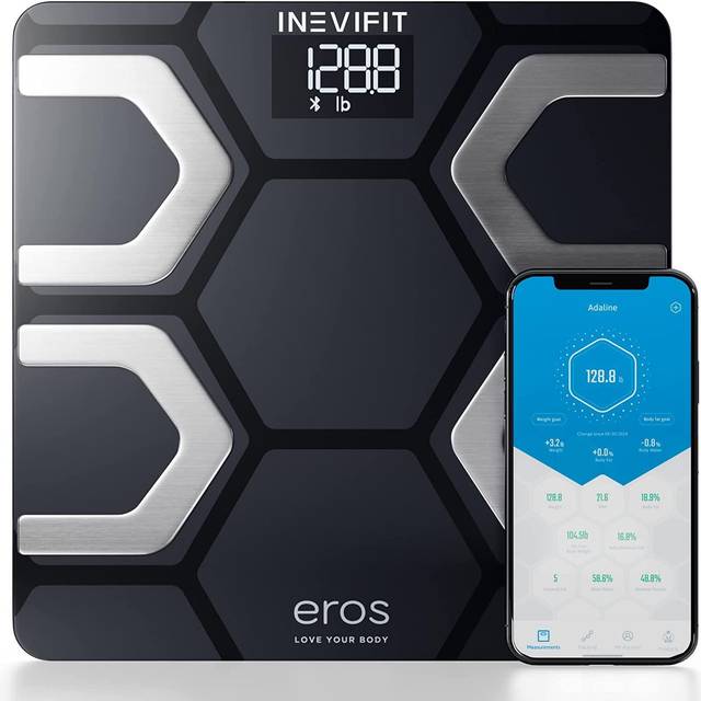 INEVIFIT EROS Bluetooth kroppsfettvåg smart BMI digital kroppsanalysator med hög precision för badrum, vit, stor plattform 30 cm x 30 cm