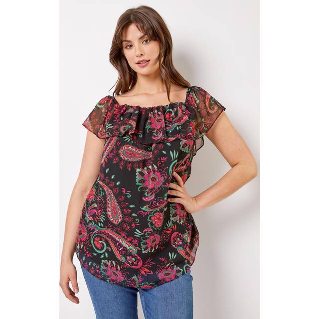 Roman Curve Womens Paisley Print Bardot Top - Pink Denim - Size UK 30-32