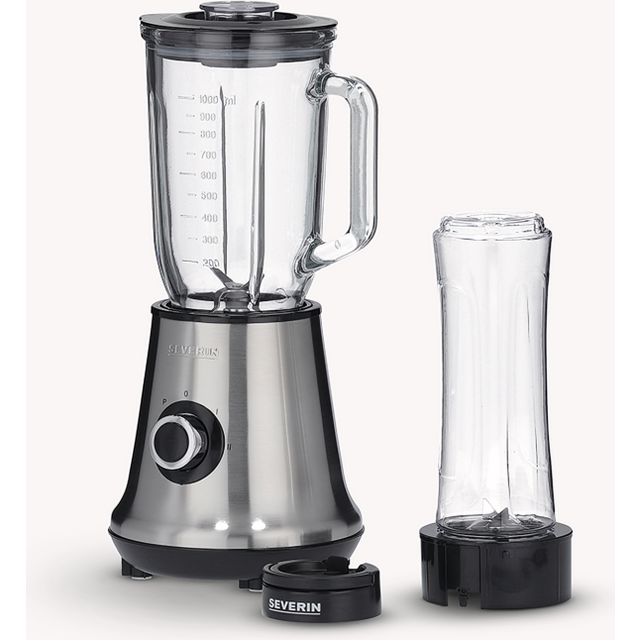 SEVERIN Multimixer, 2-i-1 stativmixer och smoothie maker med 1 l glasblandningsskål och drickkopp, köksmixer med 2 inställningar och pulsfunktion, 500 W, rostfritt stål/svart, SM 3737