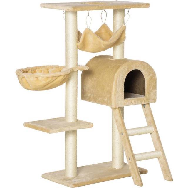 Pawhut Cat Tree Tower Kitten Activity Centre Scratching Post W/ Hammock Condo Bed Basket Ladder 98 Cm, Beige