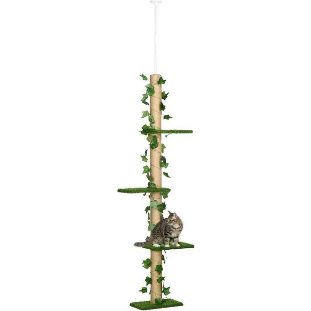 PawHut 242cm Adjustable Floor-To-Ceiling Cat Tower w/ Anti-Slip Kit - Green | TJ Hughes