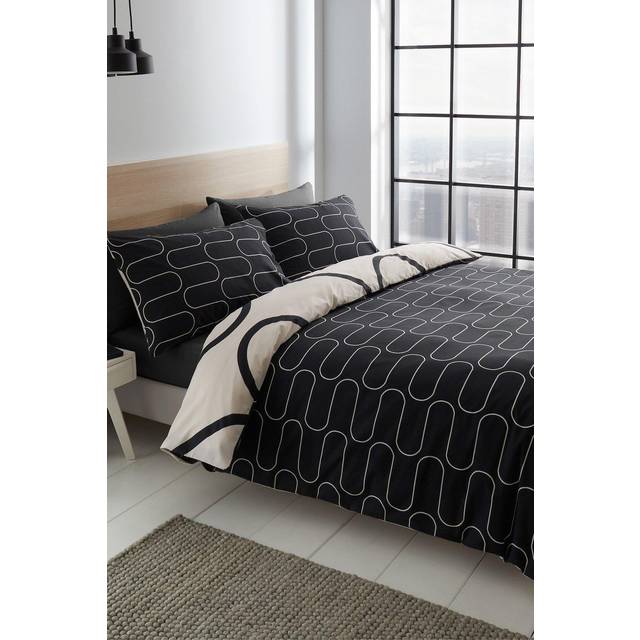 Linear Curve Geometric Reversible Duvet Cover Set with Pillowcases - Black (King Duvet Cover + 2 Standard Pillowcases)