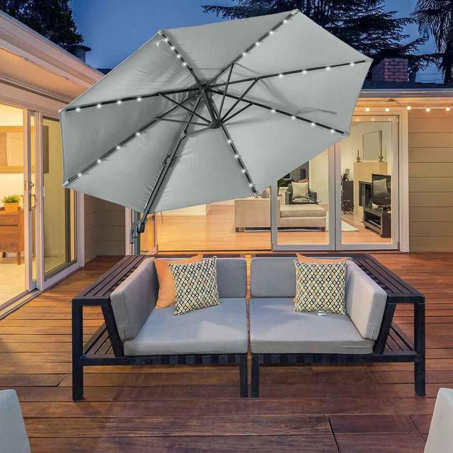 Outsunny 3(m) Cantilever Parasol Patio Sun Umbrella w/ Base Solar Lights Grey