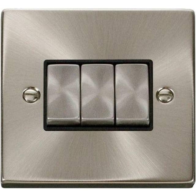 Click Scolmore Deco Satin Chrome 3 Gang 2 Way Plate Switch 10A With Black Ingot - VPSC413BK
