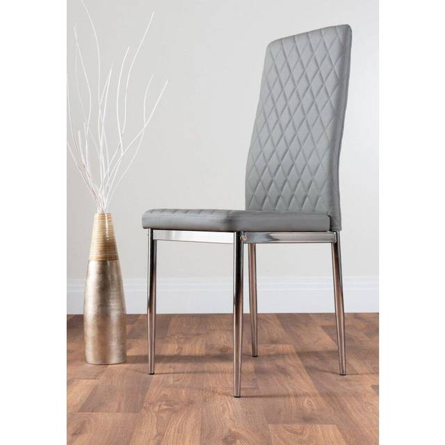 4 x Milan Silver Leg Hatched Upholstered Faux Leather Kitchen Dining Chairs - Grey with Chrome Legs
