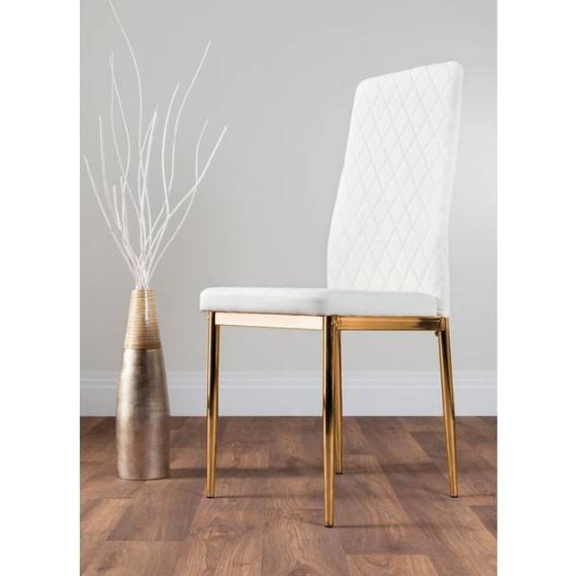 6 x Milan Gold Leg Hatched Upholstered Faux Leather Modern Kitchen Dining Chairs - White