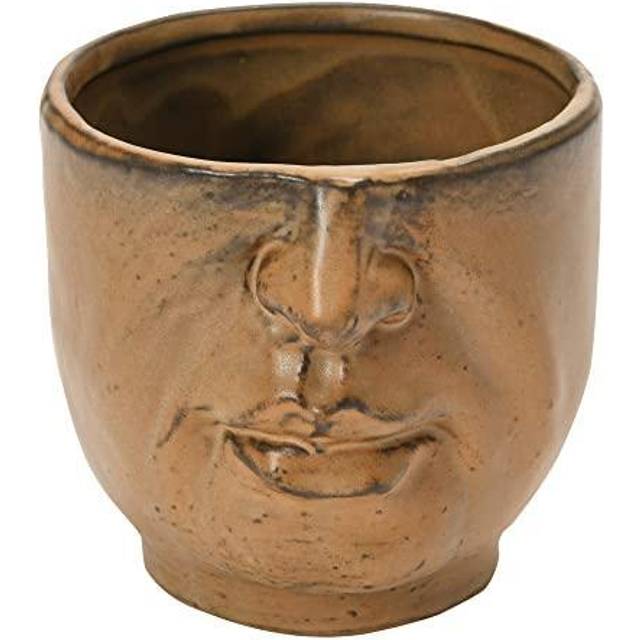 Bloomingville Stoneware Planter with Face Design and Reactive Glaze  Matte Brown