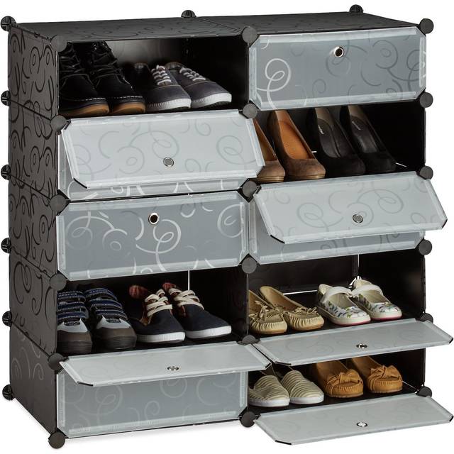 10 Tier Shoe Rack, Large Shoe Cabinet, Plastic Shoe Organizer, Space-Saver, h x w x d: app. 90 x 94 x37 cm, Black - Relaxdays