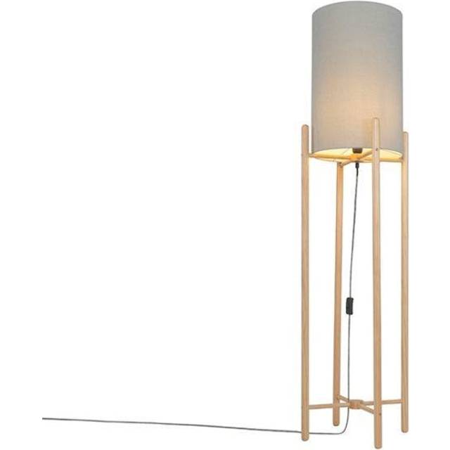 Qazqa - Rustic Floor Lamp Wood with Grey Lampshade - Lengi