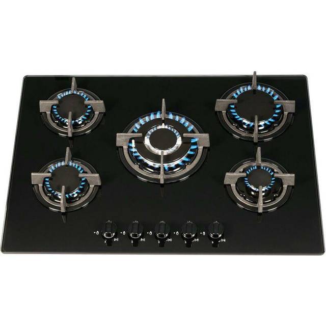 70cm Black 5 Burner Gas On Glass Hob With Cast Iron Pan Stands- GHG703BL - One Size