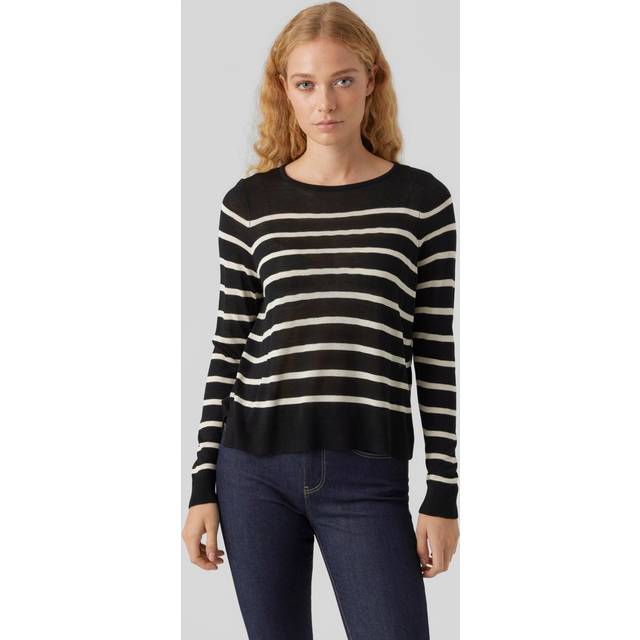 Breton Striped Jumper in Fine Knit - black/white striped - L