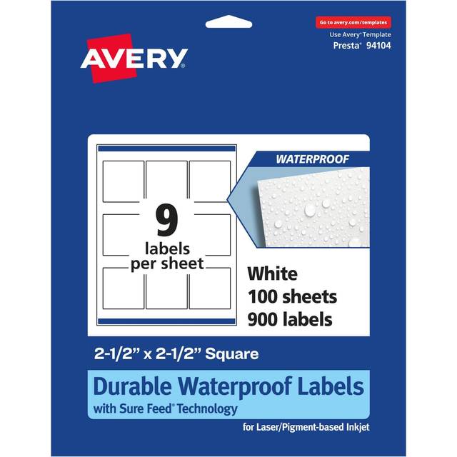 "Avery Durable Waterproof Square Labels - 900 Oil & Tear-Resistant  2.5"""""""" x 2.5""""""""  Sure Feed  Laser/Pigment-Based Inkjet Printable"