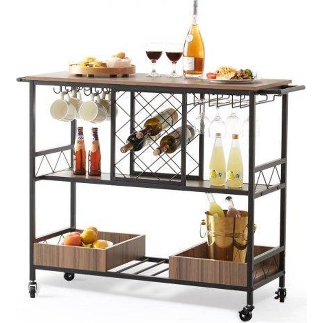 VEVOR 3-lagiges Servierwagen Vintage K&#xFC;chenwagen, 117 x 40 x 91,5 cm Rollwagen Barwagen 136 kg, MDF-Platte + Stahl Servierwagen mit Haken & Weinregalen f&#xFC;r Restaurant, Party, Innendekoration usw.