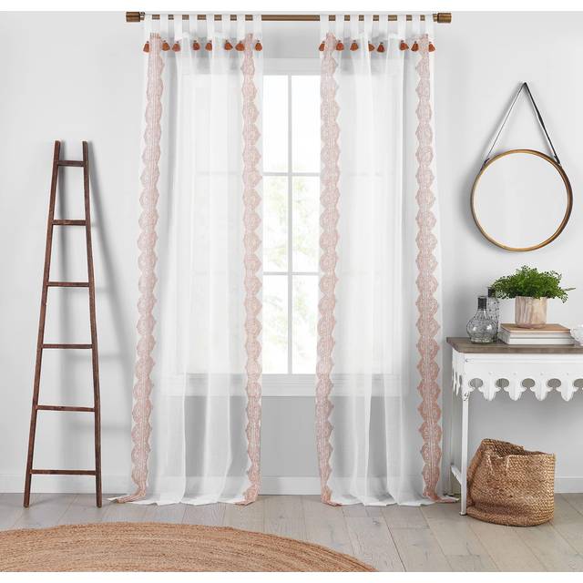 "Shilo Boho Sheer Tab Top Window Curtain Panel with Tassels, 52""x95"" (1, Terracotta"