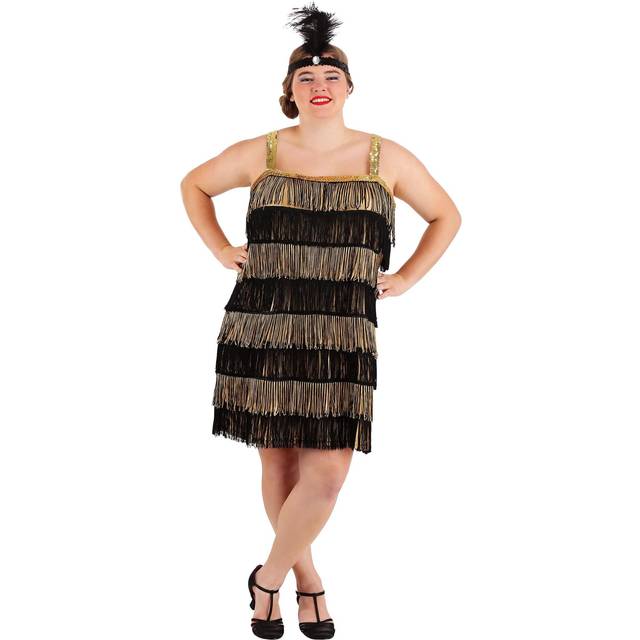 Gold and Black Fringe Flapper Plus Size Costume for Women - Black&#47;Orange (6X)